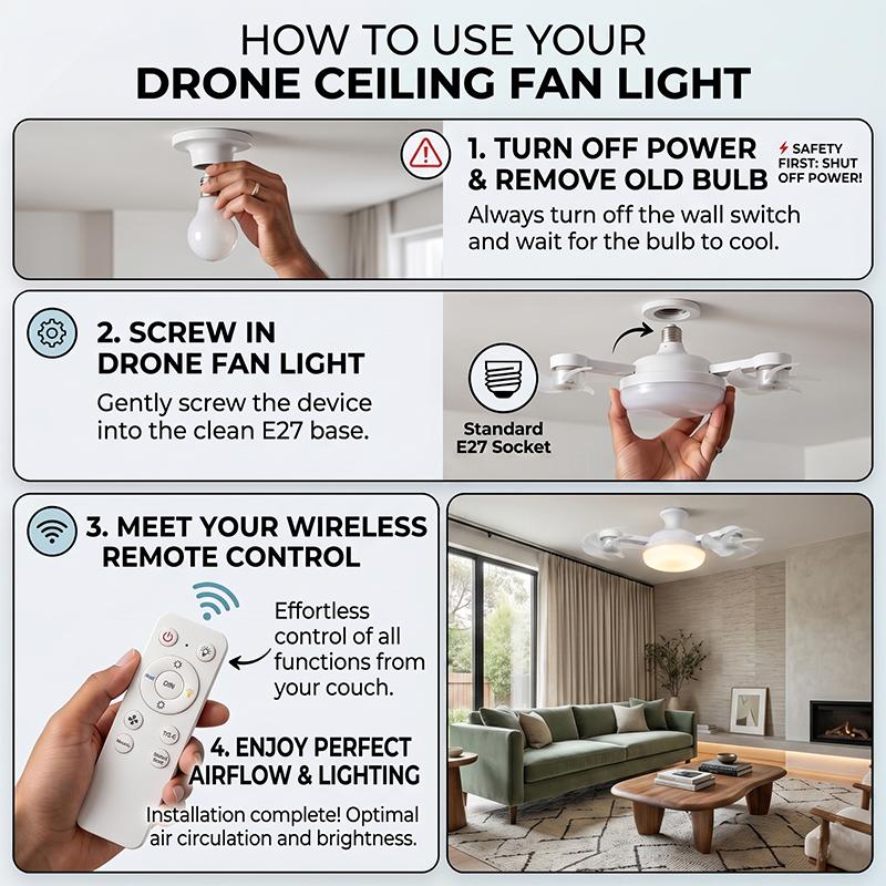 AeroGlow™ Foldable Ceiling Fan Light with Remote – Dimmable LED Socket Fan